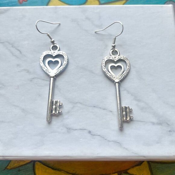 Silver Antique Skeleton Key with Heart Earrings - Picture 2 of 5